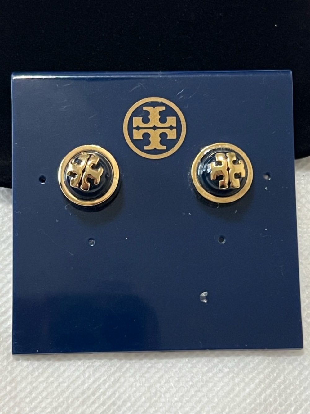 Tory Burch Navy and Gold Logo Round Stud Earrings